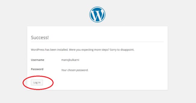 WordPress Installation Success page 